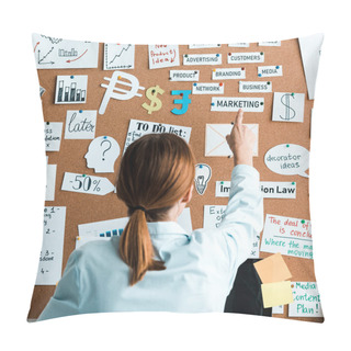Personality  Cropped View Of Businesswoman Pointing With Finger At Marketing Lettering On Notice Board Pillow Covers