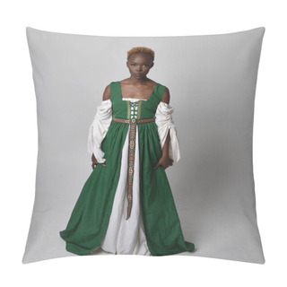 Personality  Full Length Portrait Of Pretty African Woman Wearing Long Green Medieval Fantasy Gown, Standing And Dancing Pose On A Light Grey Studio Background. Pillow Covers