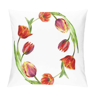 Personality  Amazing Red Tulip Flowers With Green Leaves. Hand Drawn Botanical Flowers. Watercolor Background Illustration. Frame Round Border Ornament. Geometric Quartz Polygon Crystal Stone. Pillow Covers
