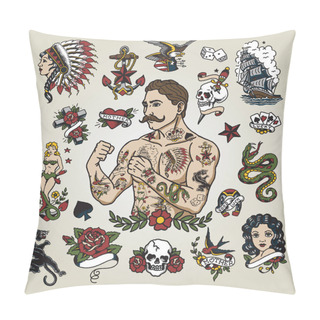 Personality  Tattoo Flash Set. Isolated Tattoo Hipster Man And Various Tattoo Images. Pillow Covers
