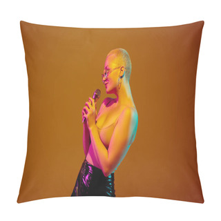 Personality  Portrait Of Young Caucasian Woman In Fashionable Eyewear On Brown Background With Copyspace, Unusual And Freaky Appearance Pillow Covers