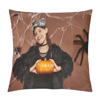 Personality  Smiley Preteen Girl Holding Pumpkin In Her Hands On Brown Backdrop, Halloween Concept Pillow Covers