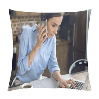 Personality  Woman Using Laptop And Smartphone Pillow Covers