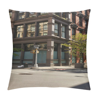 Personality  Grey Building With Large Windows Near Autumn Trees And Pedestrian Crossing In New York City Pillow Covers