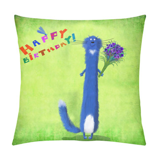 Personality  Birthday Card Blue Cat Holding Cornflowers  Pillow Covers