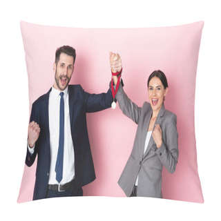Personality  Excited Businessman And Businesswoman Holding Golden Medal And Gesturing On Pink, Gender Equality Concept Pillow Covers