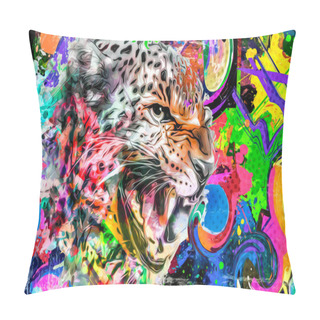 Personality  Bright Abstract Colorful Background With An Angry Leopard  With Open Mouth, Paint Splashes Pillow Covers