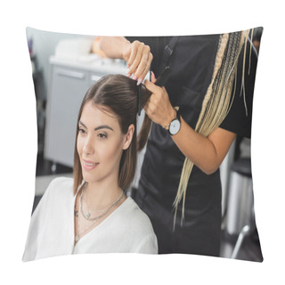 Personality  Salon Job, Beauty Worker Brushing Hair Of Smiling Female Customer, Professional Hair Clip, Comb, Hairstyling, Hairdo, Extension, Hair Treatment, Salon Client, Beauty Profession, Tattooed Pillow Covers