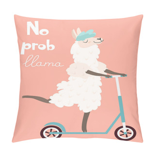 Personality  Funny Card With A Cartoon Llama On A Scooter. Vector Illustration. Pillow Covers