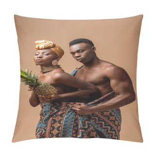 Personality  Sexy Naked Tribal Afro Woman Covered In Blanket Posing With Pineapple Near Man Isolated On Beige Pillow Covers