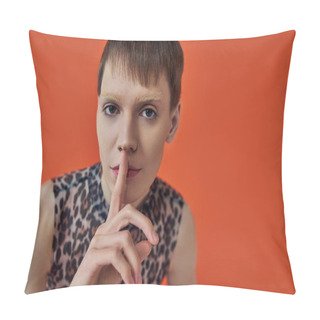 Personality  Androgynous Person In Leopard Print Outfit Showing Hush Sign On Orange Backdrop, Queer Fashion Pillow Covers