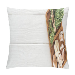 Personality  Panoramic Shot Of Board With Garlic Cloves And Thyme On White Wooden Table Pillow Covers