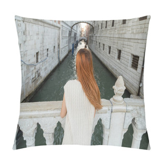 Personality  Back View Of Redhead Woman Standing On Bridge Near Medieval Prison In Venice Pillow Covers