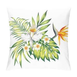 Personality  Exotic Trendy Composition From Tropical Flowers Lily, Plumeria, Bird Of Paradise And Palm Leaves, Monstera On The White Background Pillow Covers