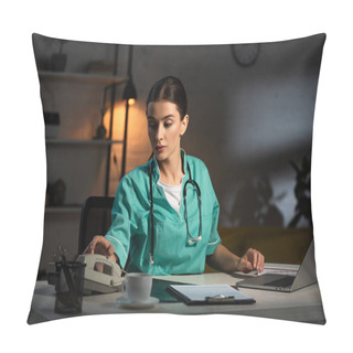 Personality  Attractive Nurse In Uniform Sitting At Table And Taking Handset During Night Shift Pillow Covers