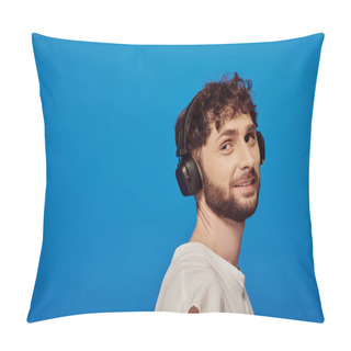 Personality  Positive Man In Wireless Headphones Listening Music On Blue Background, Male Fashion, Audio Pillow Covers