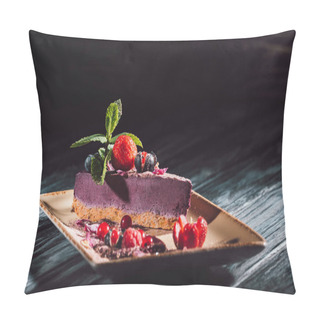 Personality  Selective Focus Of Blueberry Cake With Strawberries, Mint And Viola Petals On Plate On Wooden Table  Pillow Covers