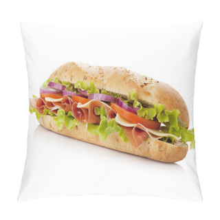 Personality  Long Sandwich With Ham, Cheese, Tomatoes, Red Onion And Lettuce. Isolated On White Pillow Covers