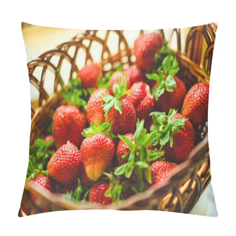 Personality  close-up view of fresh strawberries in a basket pillow covers