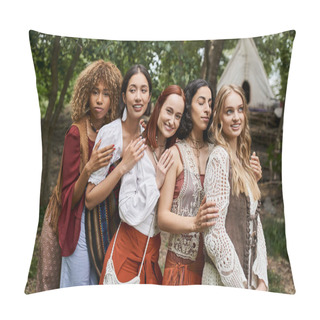 Personality  Trendy And Carefree Interracial Girlfriends In Boho Outfits Hugging Outdoors In Retreat Center Pillow Covers