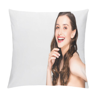 Personality  Happy Beautiful Brunette Woman With Curls And Makeup Laughing Isolated On Grey Pillow Covers