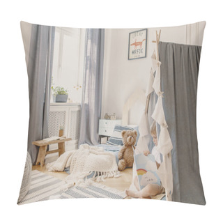 Personality  Real Photo Of A Blue Kid Room Interior With Mattress, Curtains, Teddy Bear And Tent Where A Boy Is Reading A Book Pillow Covers