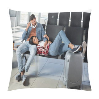 Personality  Happy African American Woman Lying Near Cheerful Man In Departure Lounge Of Airport Pillow Covers