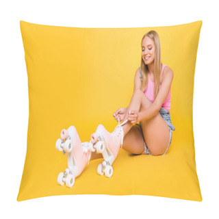 Personality  Portrait Of Fit Athletic Girl Putting On Roller Skates Tying Shoe Laces Getting Ready For Inline Riding Isolated On Yellow Background, Wellness Free Spirit Concept Pillow Covers
