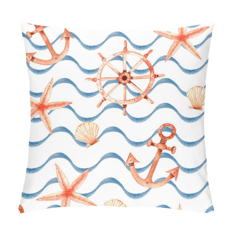 Personality  Watercolor sea seamless pattern with shell, starfish, wheel, and anchor. On white background with blue wavy lines. Illustration. pillow covers