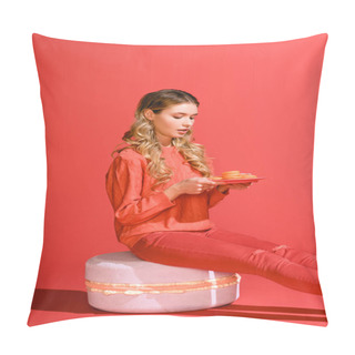 Personality  Beautiful Girl Holding Plate With Macaroons And Sitting On Big Macaroon On Living Coral. Pantone Color Of The Year 2019 Concept Pillow Covers