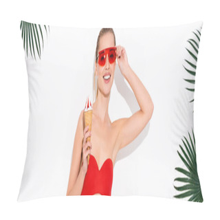 Personality  Happy Woman Touching Eyeglasses And Smiling At Camera While Holding Ice Cream On White, Banner Pillow Covers
