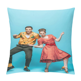Personality  Cheerful Dancers Looking At Camera While Dancing Boogie-woogie On Blue Background Pillow Covers