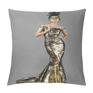 Personality  Woman In Beautiful Golden Dress With Mask Pillow Covers