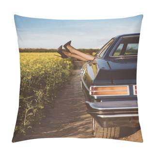 Personality  Freedom Car Travel Concept - Woman Relaxing With Feet Out Of Window In Cool Vintage Car.. Freedom, Travel And Vacation Road Trip Concept Lifestyle Image Pillow Covers