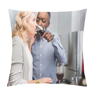 Personality  Selective Focus Of African American Man Giving Wine Glass To Friend In Kitchen  Pillow Covers