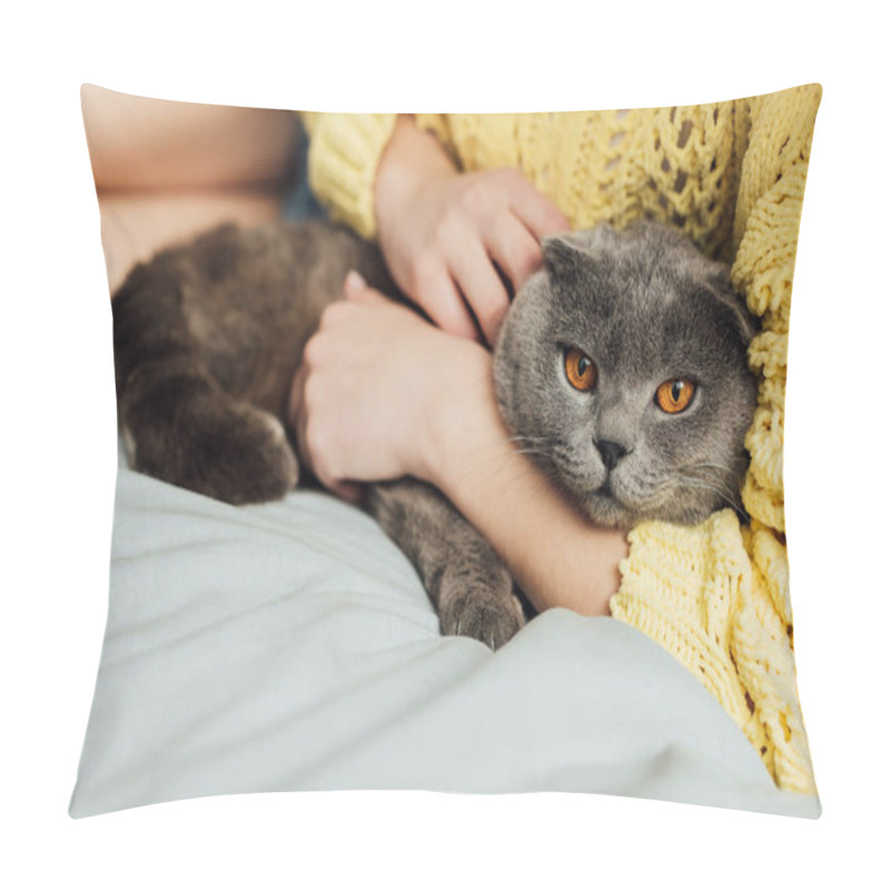 Personality  Partial View Of Young Woman Holding Scottish Fold Cat At Home Pillow Covers