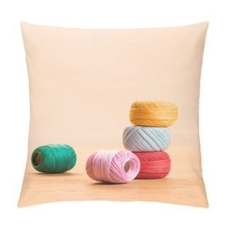 Personality  Colorful Cotton Knitting Yarn Balls On Wooden Table Isolated On Beige With Copy Space Pillow Covers