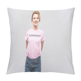 Personality  Smiling Woman In Pink Feminist T-shirt, Isolated On Grey Pillow Covers