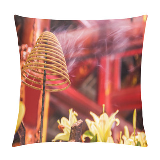 Personality  Coil Of Incense Burning With White Smoke In Buddhist Temple Background Pillow Covers