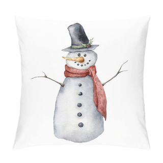 Personality  Watercolor Snowman. Hand Painted Christmas Illustration With Hat, Scarf And Carrot Isolated On White Background. Holiday Card For Design, Print, Fabric Or Background. Pillow Covers