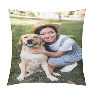 Personality  Young Asian Woman Smiling At Camera While Hugging Dog In Park Pillow Covers