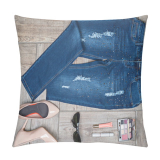 Personality  Aerial  View Of Womans Jeans And Accessories Pillow Covers