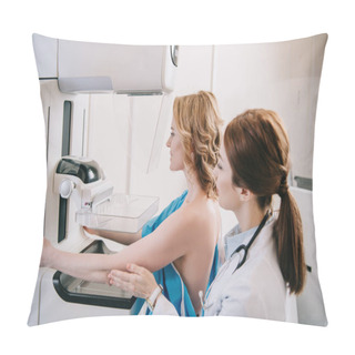 Personality  Young Radiographer Standing Near Patient While Making Mammography Test On X-ray Machine Pillow Covers