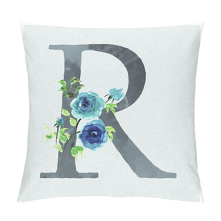 Personality  Letter R Watercolor Floral Background In Blue Theme Pillow Covers