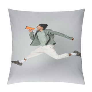 Personality  Stylish African American Guy Shouting In Megaphone While Levitating On Grey Background Pillow Covers