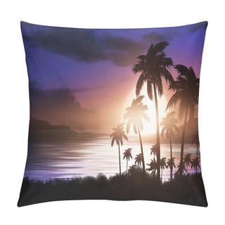 Personality  Night Landscape With Palm Trees, Against The Backdrop Of A Neon Sunset, Stars. Silhouette Coconut Palm Trees On Beach At Sunset. Futuristic Landscape. Neon Palm Tree. Tropical Sunset. 3D Illustration Pillow Covers