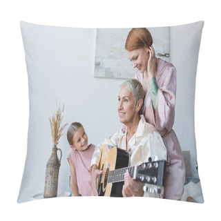 Personality  Lesbian Woman Playing Acoustic Guitar Near Adopted Daughter And Girlfriend On Bed  Pillow Covers
