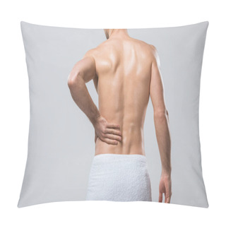 Personality  Rear View Of Young Man Suffering From Back Pain, Isolated On Grey Pillow Covers