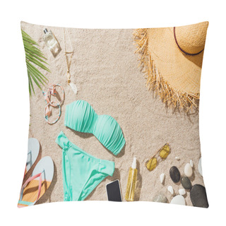 Personality  Top View Of Blue Bikini And Flip Flops With Various Accessories On Sandy Beach Pillow Covers