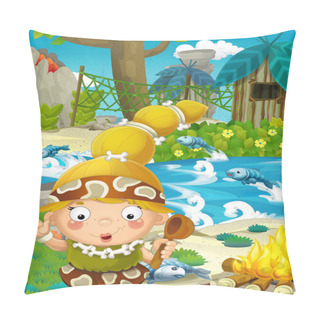 Personality  Cartoon Nature Scene - Jungle - With Funny Manga Girl - Happy Illustration For Children Pillow Covers